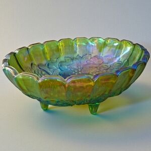 1970's Vintage Indiana Harvest Green Iridescent Carnaval Oval Fruit Console Bowl